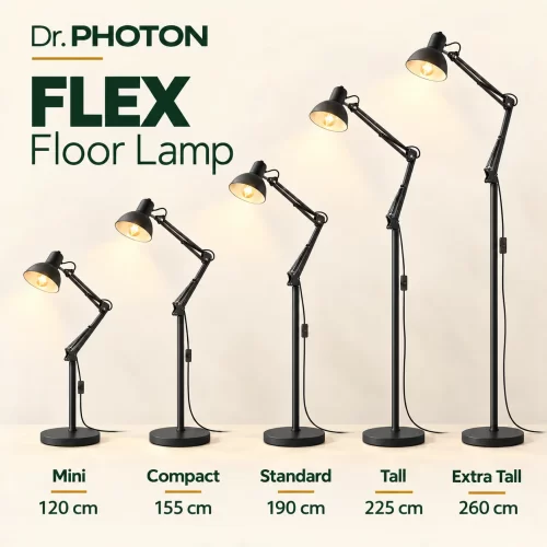 Pastatomas šviestuvas (toršeras) augalams Dr. PHOTON FLEX, E27, 120–260 cm, juodos spalvos