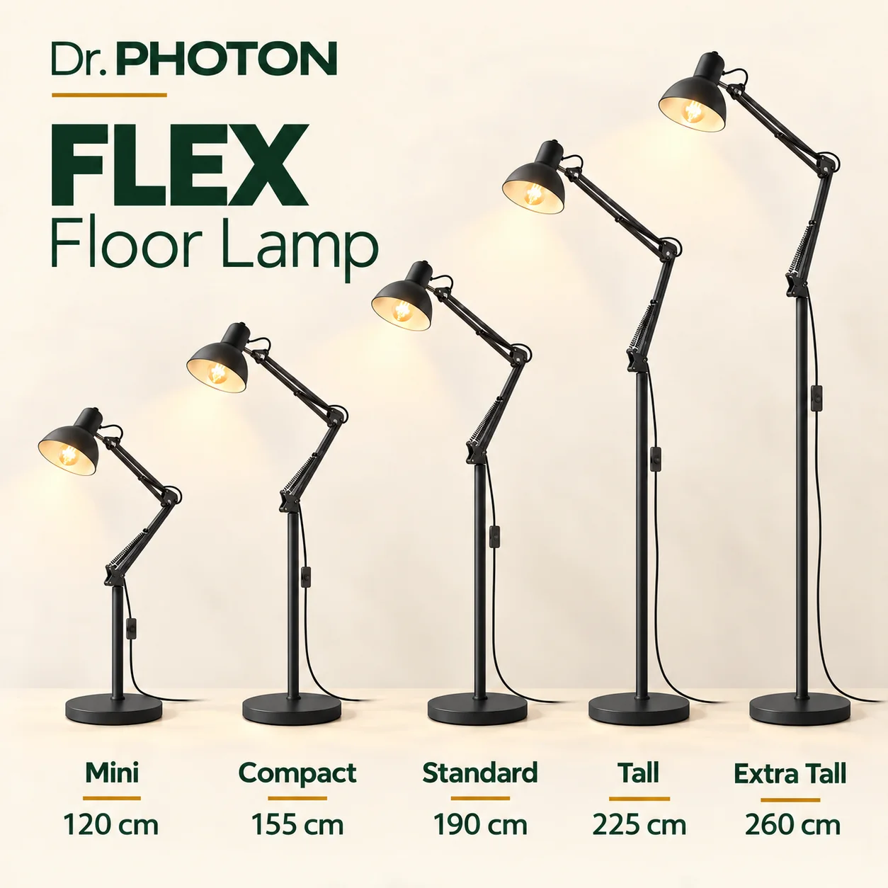 Pastatomas šviestuvas (toršeras) augalams Dr. PHOTON FLEX, E27, 120–260 cm, juodos spalvos