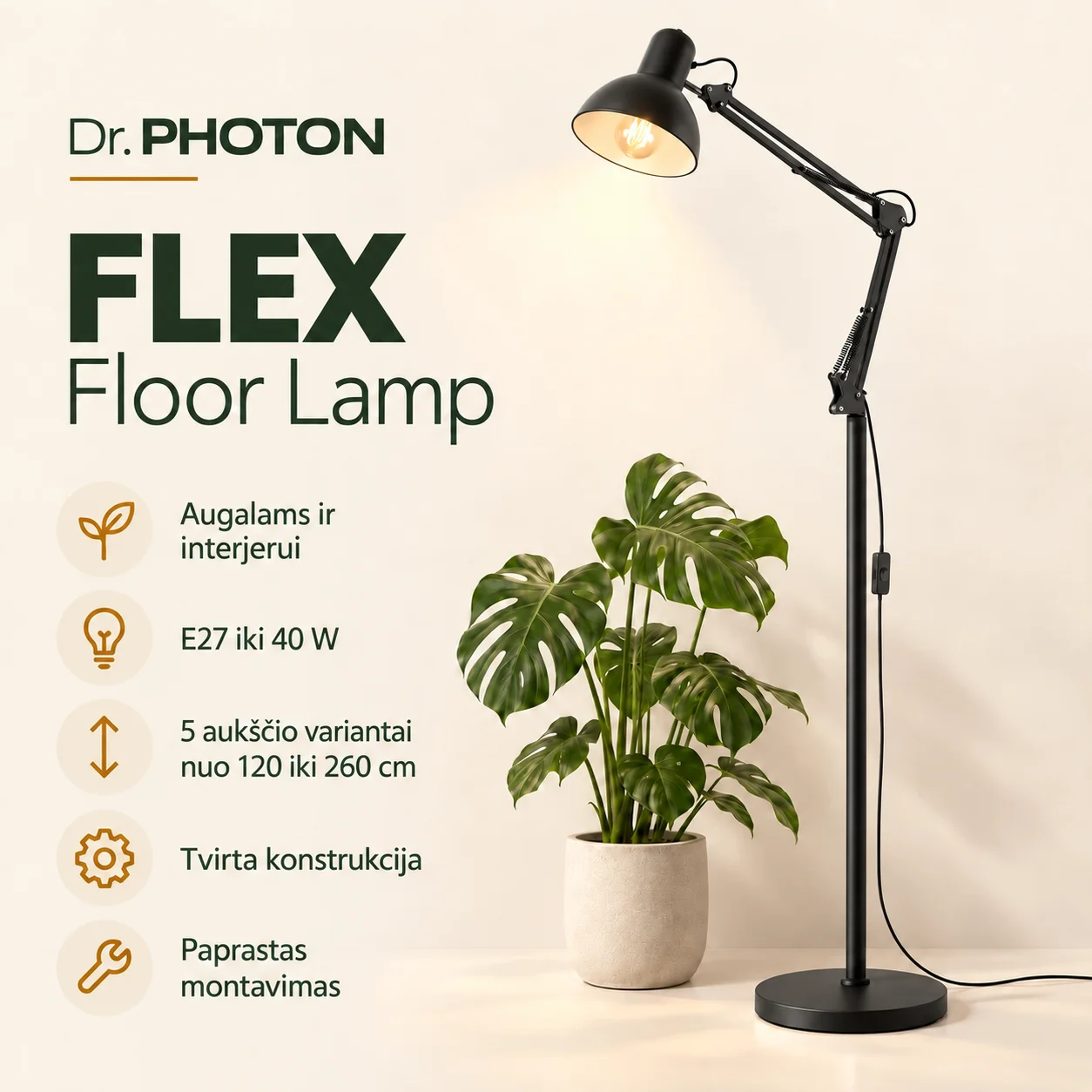 Pastatomas šviestuvas (toršeras) augalams Dr. PHOTON FLEX, E27, 120–260 cm, juodos spalvos - Image 3