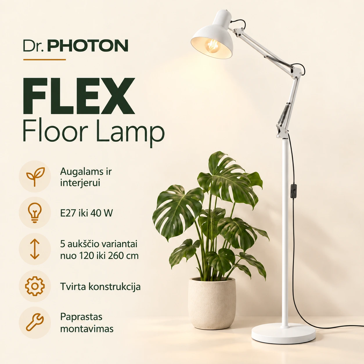Pastatomas šviestuvas (toršeras) augalams Dr. PHOTON FLEX, E27, 120–260 cm, baltos spalvos - Image 3