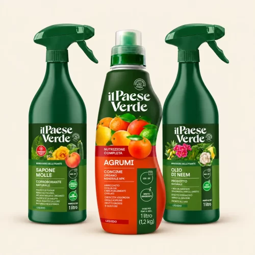 Priežiūros rinkinys citrusams ir alyvmedžiams Il Paese Verde – Agrumi trąšos, žaliasis muilas ir neem aliejus, 3 × 1 l