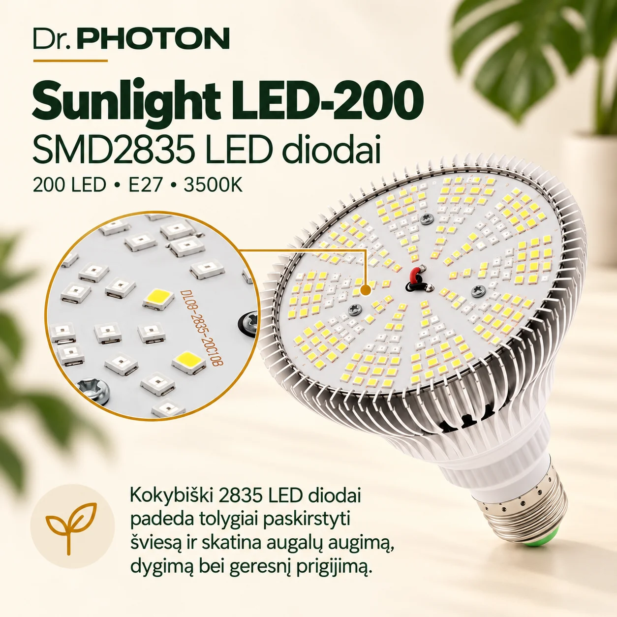 LED lempa augalams, saulės šviesos imitacija | Dr. PHOTON Sunlight LED-200 | 25W | E27 | 3500K - Image 2