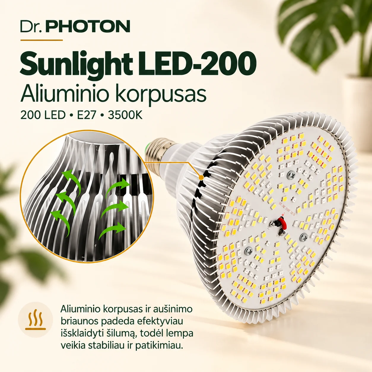LED lempa augalams, saulės šviesos imitacija | Dr. PHOTON Sunlight LED-200 | 25W | E27 | 3500K - Image 3