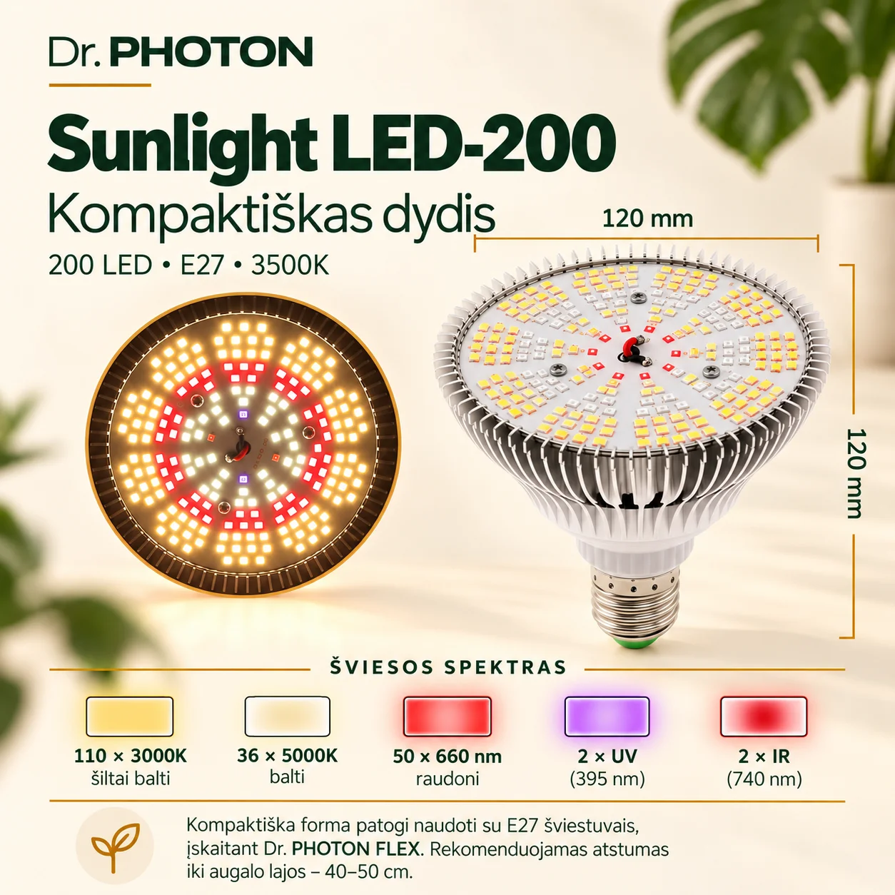 LED lempa augalams, saulės šviesos imitacija | Dr. PHOTON Sunlight LED-200 | 25W | E27 | 3500K - Image 4