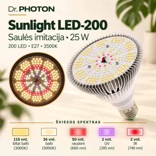 LED lempa augalams, saulės šviesos imitacija | Dr. PHOTON Sunlight LED-200 | 25W | E27 | 3500K