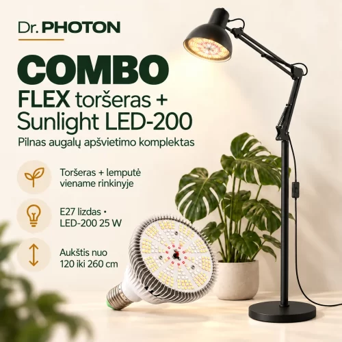 Šviestuvo ir LED lempos komplektas augalams | Dr. PHOTON FLEX + Sunlight LED-200 | E27 | 120–260 cm, juodos spalvos
