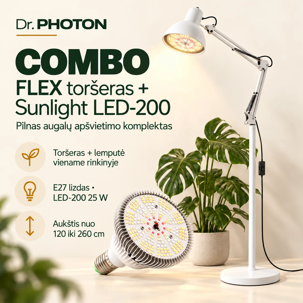 Šviestuvo ir LED lempos komplektas augalams | Dr. PHOTON FLEX + Sunlight LED-200 | E27 | 120–260 cm, baltos spalvos