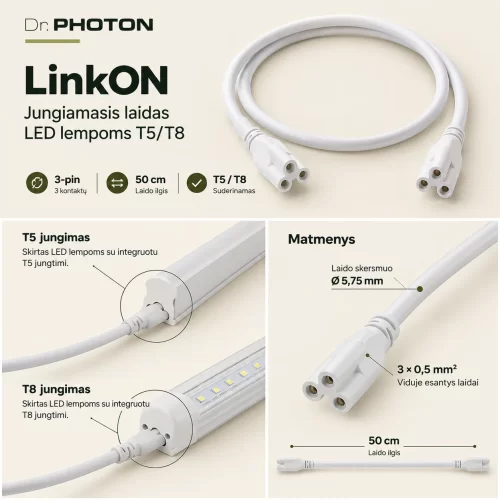 Jungiamasis laidas LED lempoms T5/T8 | Dr. PHOTON LinkON | 3-pin | 50 cm