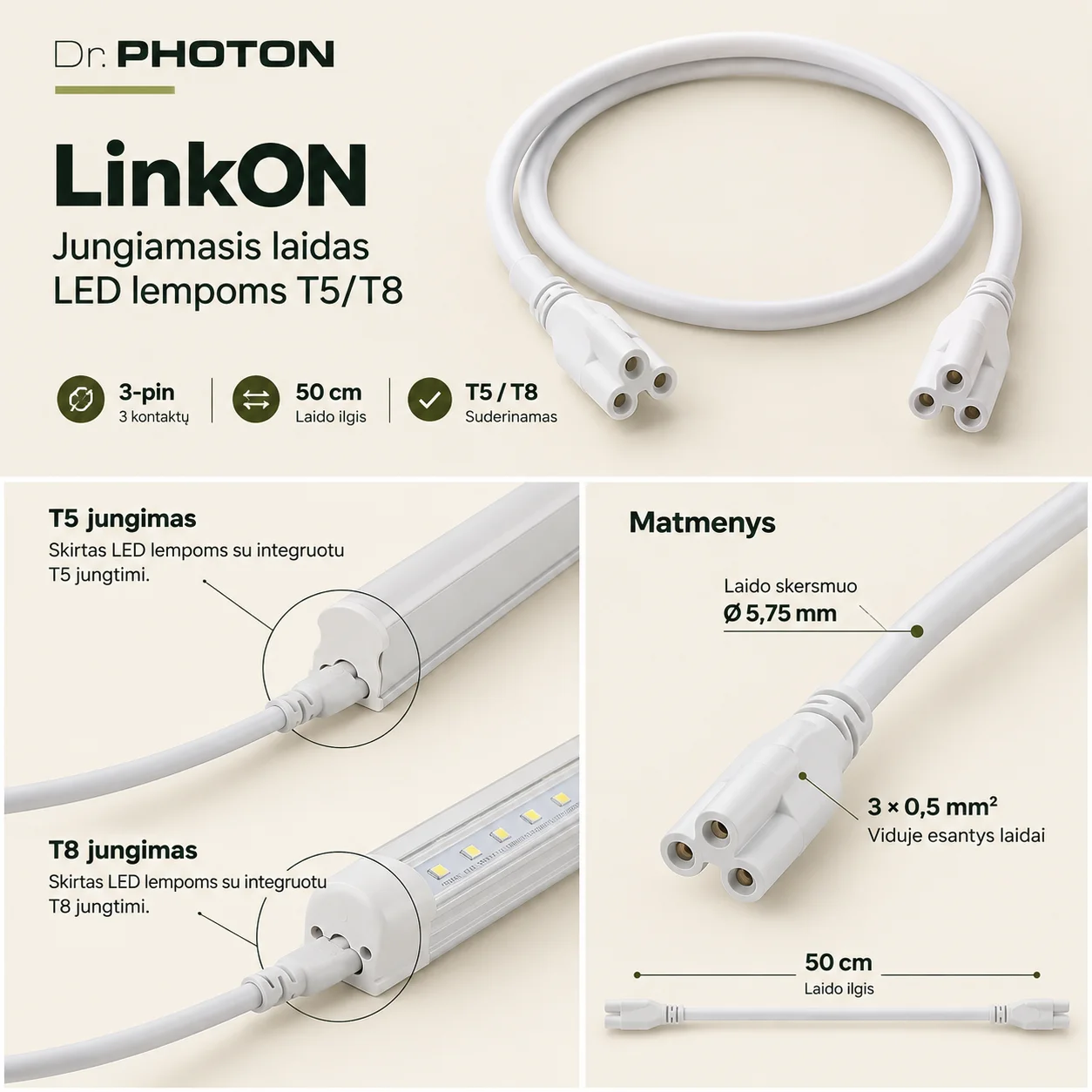 Jungiamasis laidas LED lempoms T5/T8 | Dr. PHOTON LinkON | 3-pin | 50 cm