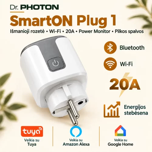 Išmanioji Wi-Fi rozetė su laikmačiu ir energijos apskaita | Dr. PHOTON SmartON Plug 1 | 20A | pilka