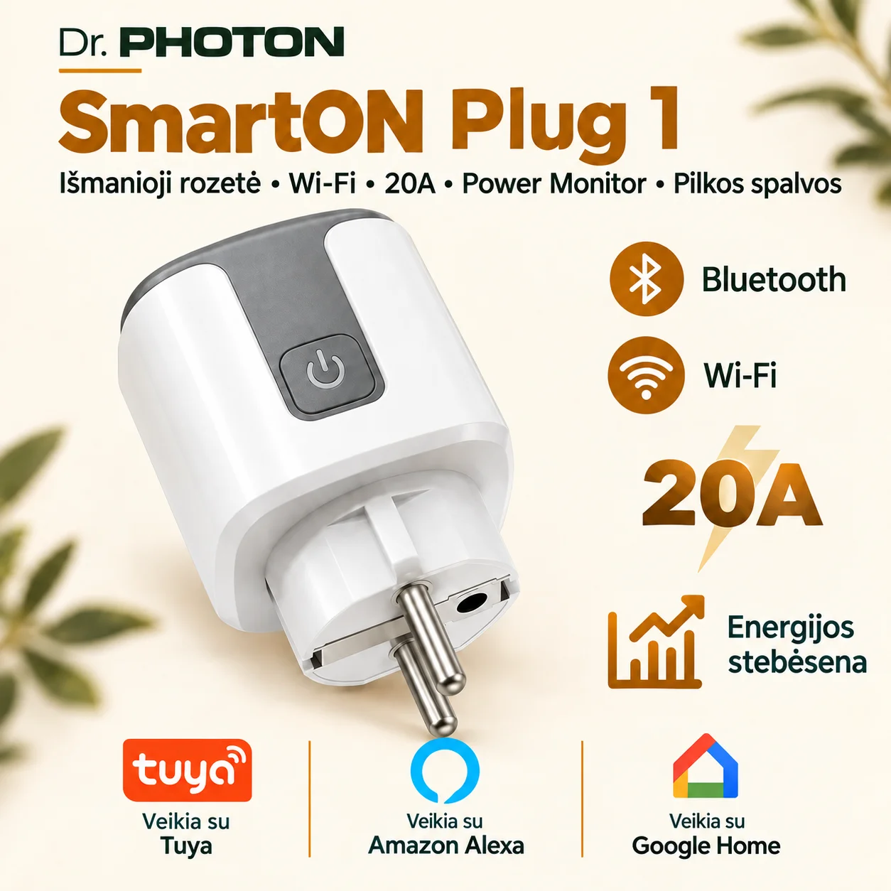 Išmanioji Wi-Fi rozetė su laikmačiu ir energijos apskaita | Dr. PHOTON SmartON Plug 1 | 20A | pilka