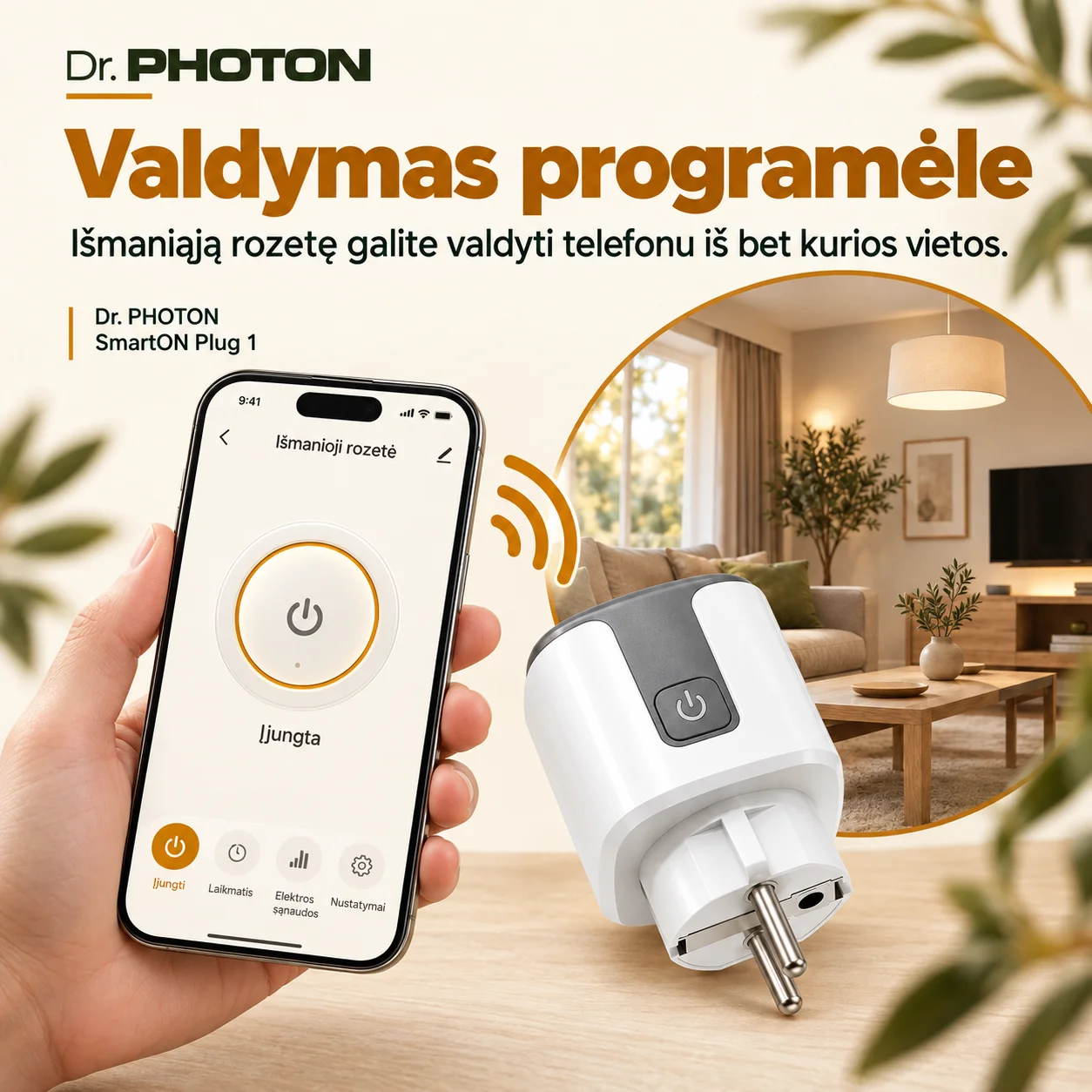 Išmanioji Wi-Fi rozetė su laikmačiu ir energijos apskaita | Dr. PHOTON SmartON Plug 1 | 20A | pilka - Image 2