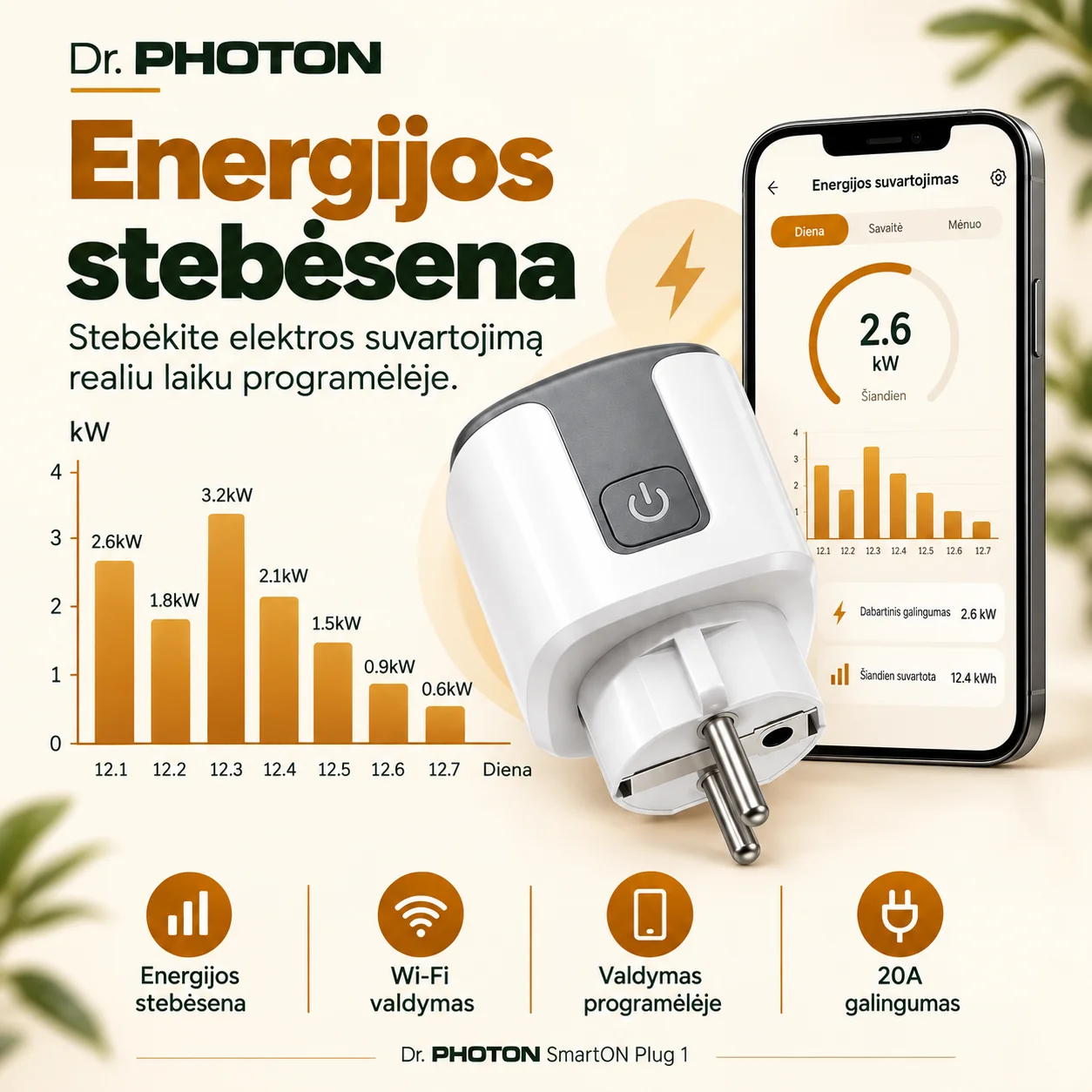 Išmanioji Wi-Fi rozetė su laikmačiu ir energijos apskaita | Dr. PHOTON SmartON Plug 1 | 20A | pilka - Image 3