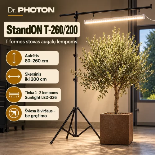 Stovas augalų lempoms, T formos, aukštis iki 260 cm, skersinis 200 cm | Dr. PHOTON StandON T-260/200