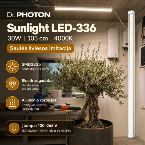 LED lempa augalų žiemojimui, saulės šviesos imitacija | Dr. PHOTON Sunlight LED-336 | 30W | 105 cm | 4000K