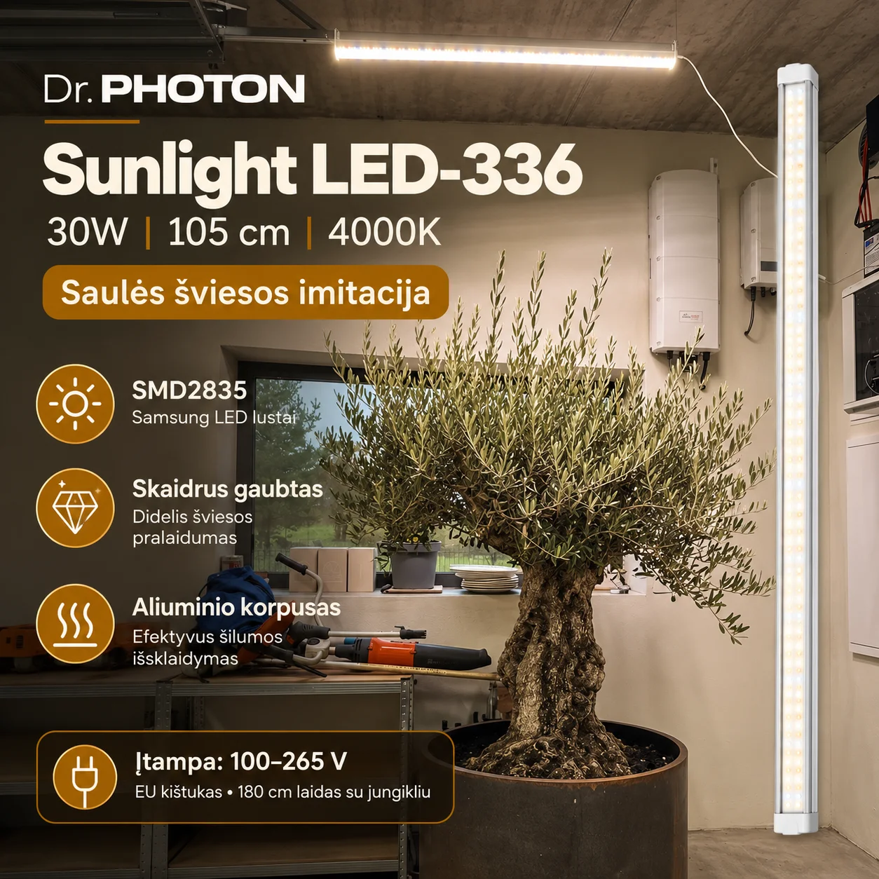 LED lempa augalų žiemojimui, saulės šviesos imitacija | Dr. PHOTON Sunlight LED-336 | 30W | 105 cm | 4000K